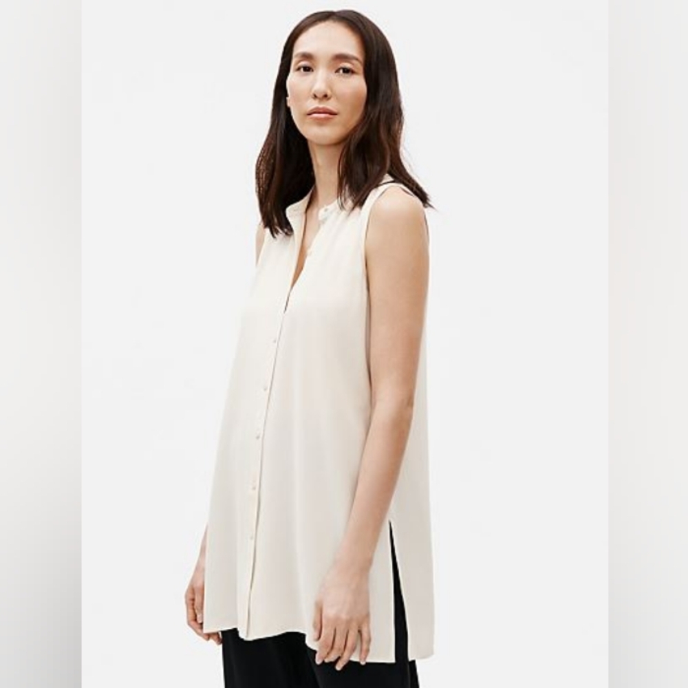 NWT EILEEN FISHER The System Bone Ecru Silk Crepe Button Up Sleeveless B… - Picture 7 of 10